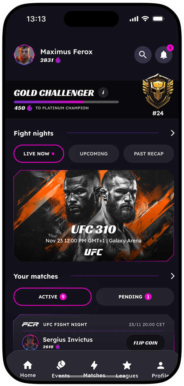 League of Gladiators mobile app showing fighter profiles and stats